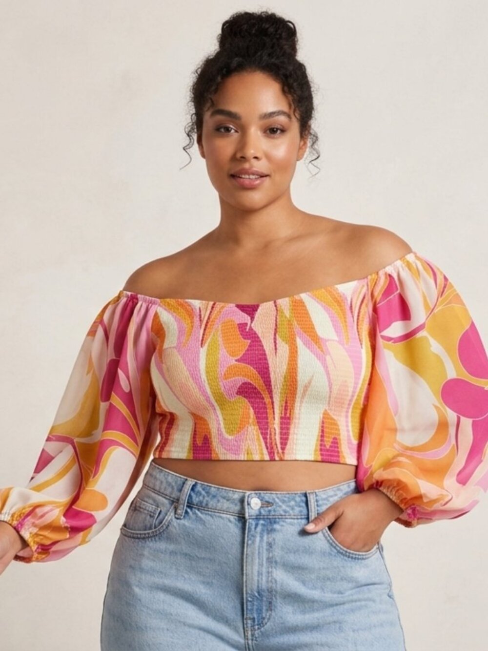 Flying Tomato Multi Color Puff Sleeve Crop Top Size Medium NWOT Boho Hippie Chic